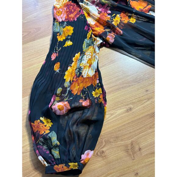 Worthington Black floral sheer long bishop sleeve button up blouse Whimsigoth XL - Picture 4 of 9